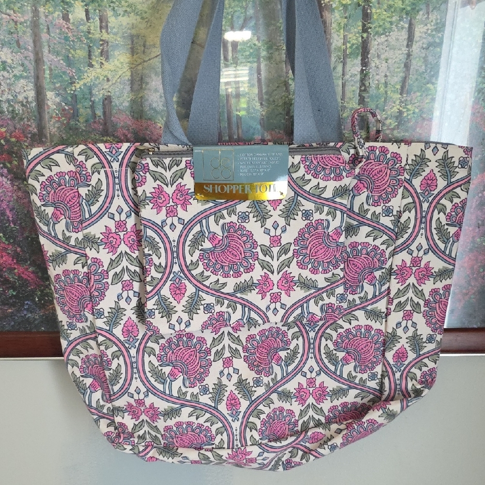 Deco Floral Pink Canvas Shopper Tote Bag, NWT
